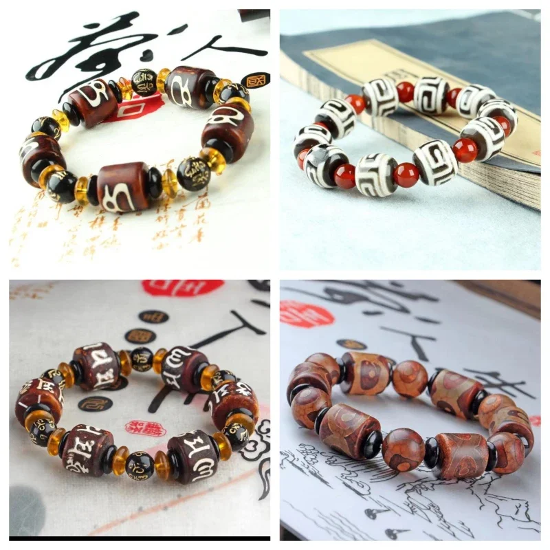 Agate dzi bead bracelet, Tibet three-eye dzi bead bracelet, men's and women's agate jade bracelet.