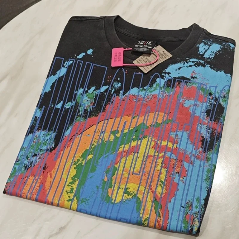 Splashing Ink Graffiti Printing Saint Michael T-Shirts Men Women High Quality Washed Black Oversized T Shirt