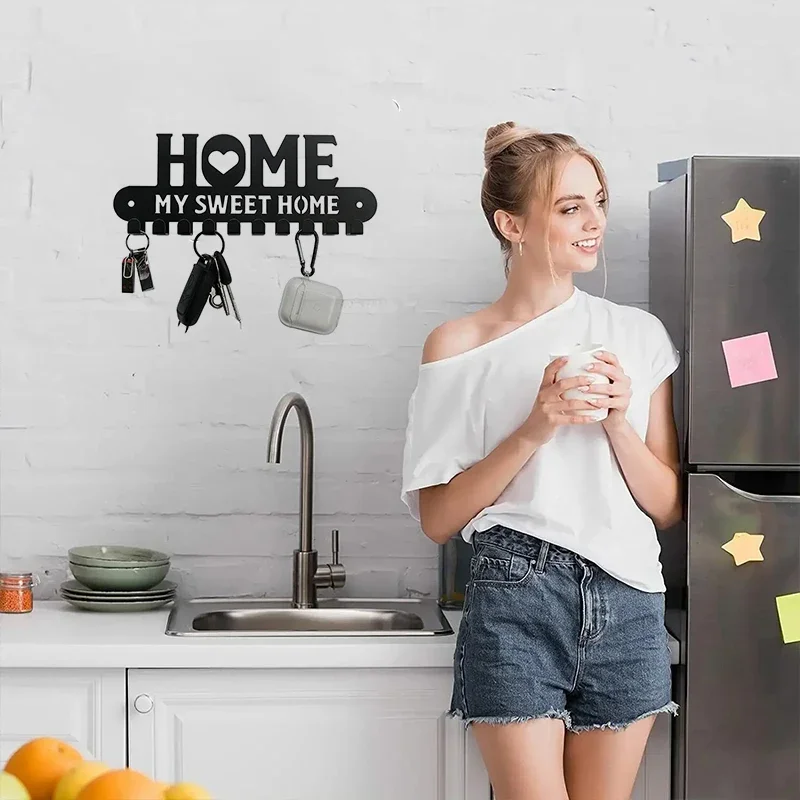 Portaoggetti multifunzionale per chiavi a parete con viti, decorazione in metallo vintage per la casa dolce, ufficio, 10 ganci neri