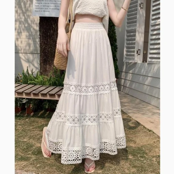 

High Waist Embroidered Lace Hollow Out Pleated Elastic Slim Midi A Line Skirt