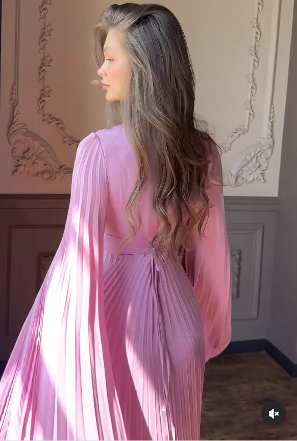 High End Fashion Women Pink Party Dress Elegant Flying Sleeve O Neck High Waist Pleated Maxi Long Clebrity Evening Party Gowns