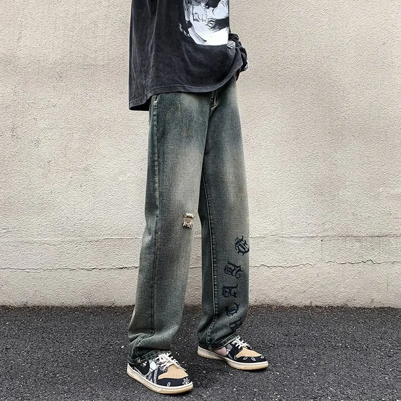 Men's Trendy Loose Wide Leg Ripped Jeans Men's Trendy Explosive Street Hooligan Handsome Straight Leg Men's Pants