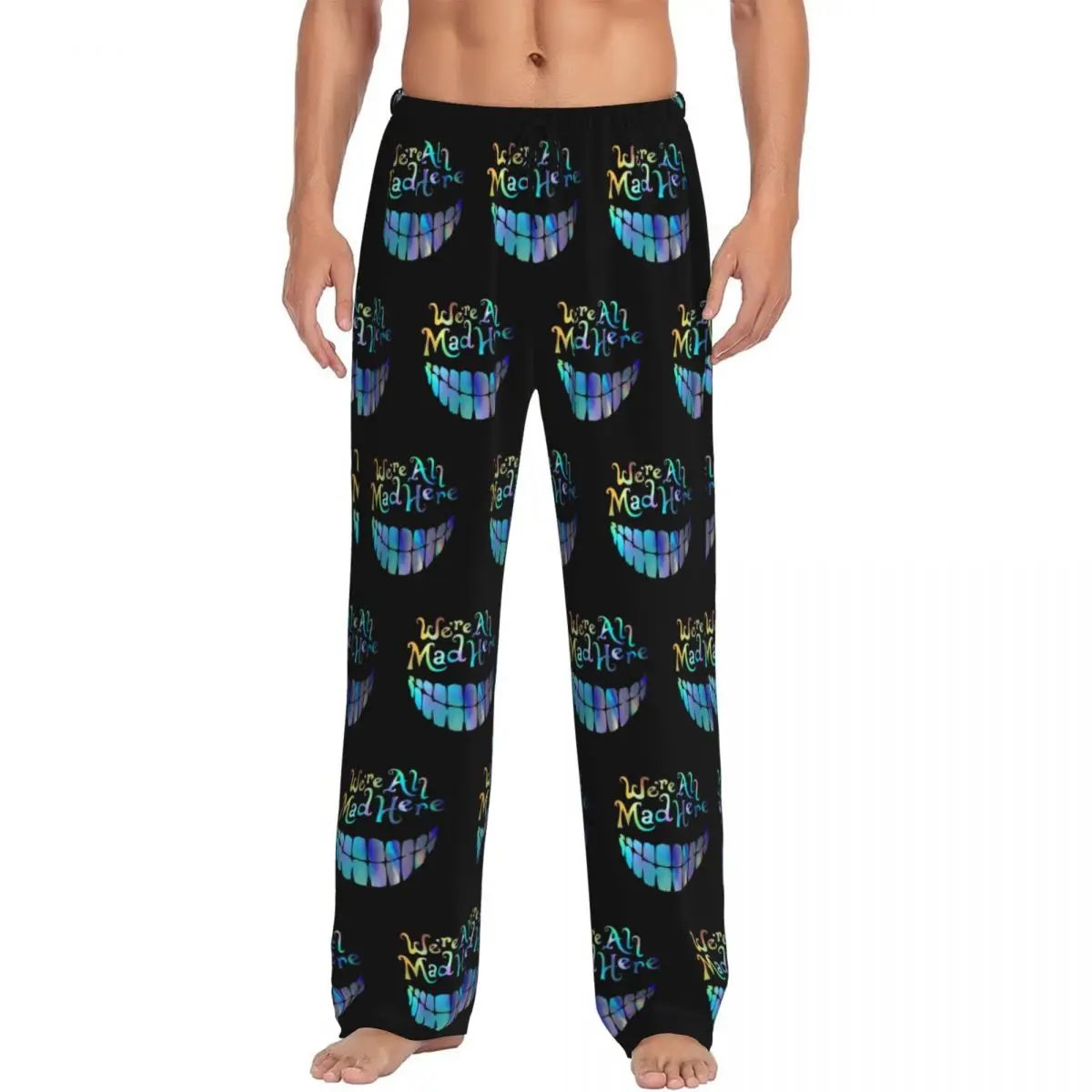 Custom Cheshire Cat We're All Mad Here Pajama Pants Sleepwear Men's Elastic Waistband Cartoon Sleep Lounge Bottoms with Pockets