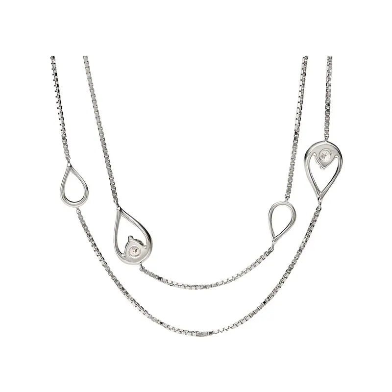 95cm Long Box Chain Water Drop Pendants Necklaces For Women Silver 925 Jewelry LOGO Tag Half Prong Brezel Setting Round Clear CZ