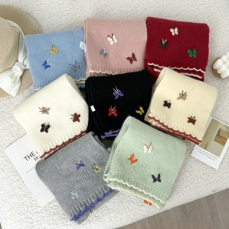 Ladies' Scarves New Korean Butterfly For Girl Contrasting Sweet Kawaii Winter Warm Plushed Thickened Comfortable Knitted Scarfs