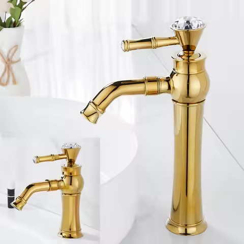Chrome Basin Faucets Modern Gold Deck Mounted Bathroom Mixer Faucets Black Finish With Diamond High Bathroom Sink Faucet