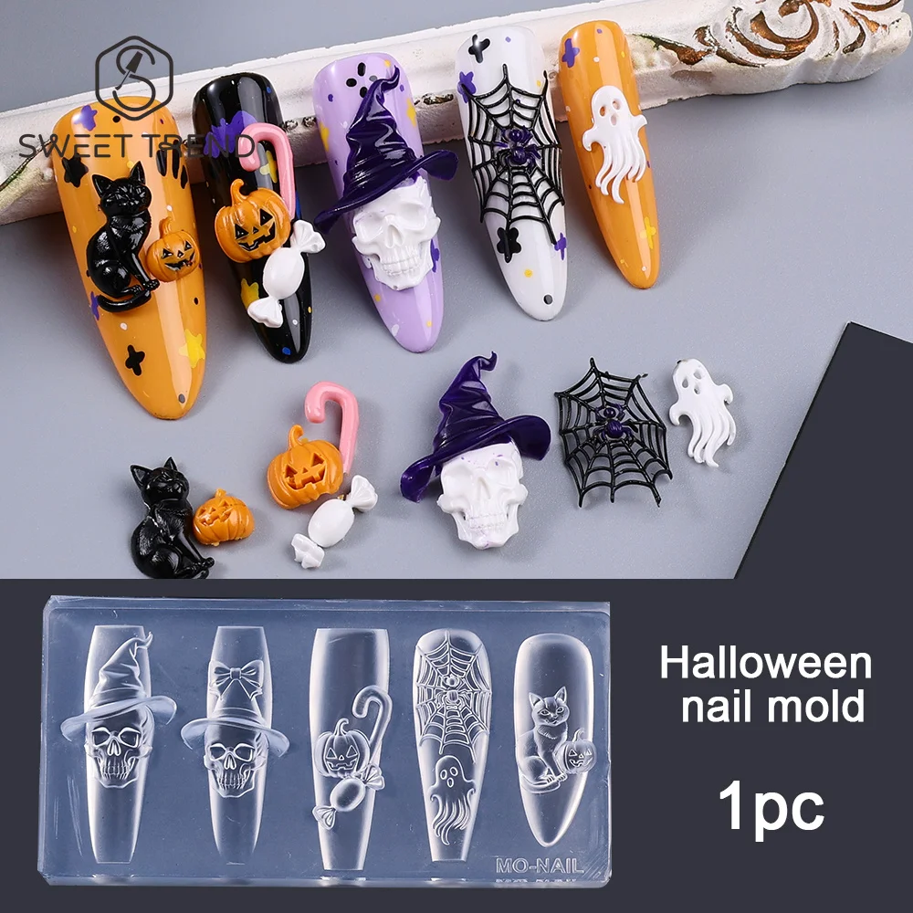 SWEET TREND - 1 pièce Moule à ongles en silicone 3D Halloween, modèle citrouille et main de squelette fantôme, pochoir de sculpture pour vernis à ongles, outil de manucure