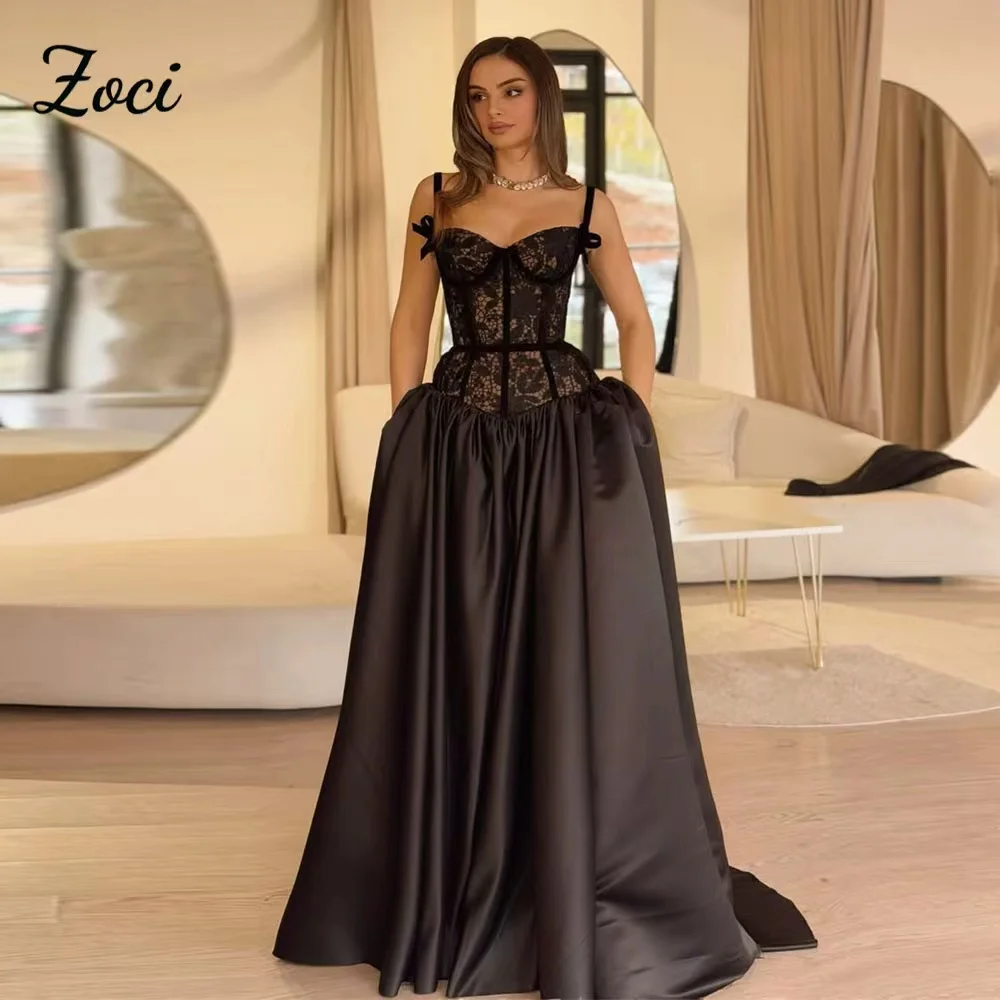 

Zoci Black Lace Top Satin Prom Dresses Customized Sweetheart Prom Party Dresses Arabic Formal Special Occasion Celebrity Dress