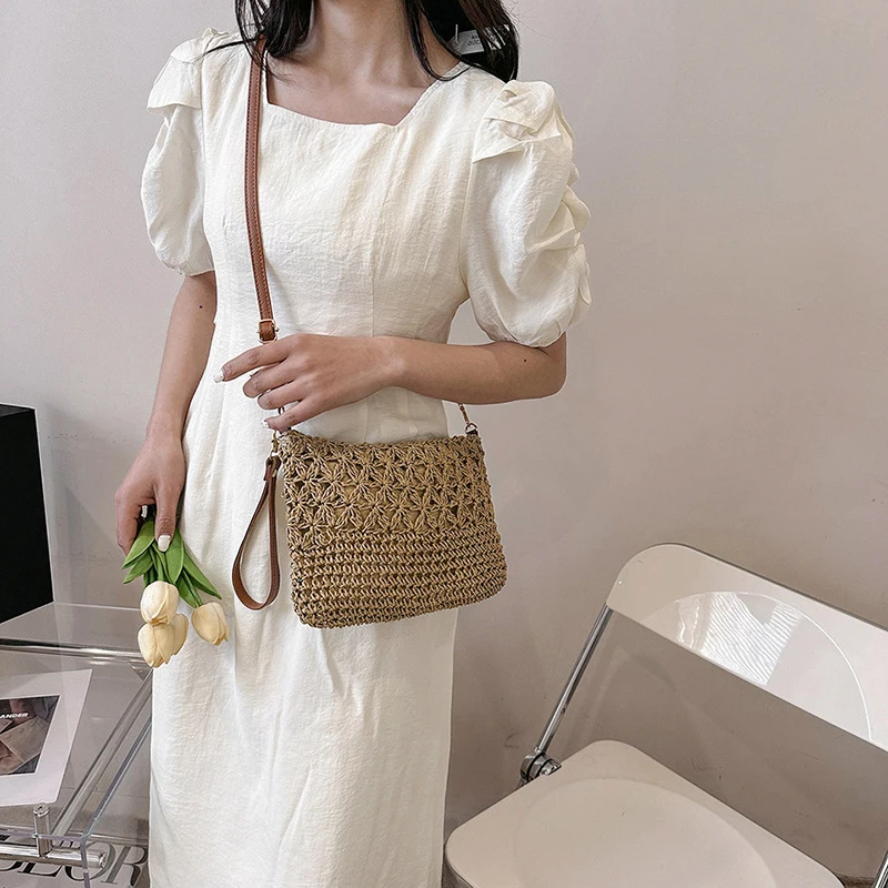 Stroh-Umhängetaschen für Damen, Sommer, gewebte Umhängetasche, Geldbörse, Bast, Strand-Armband, Häkelhandtasche, Geldbörse für Damen – Detail 6