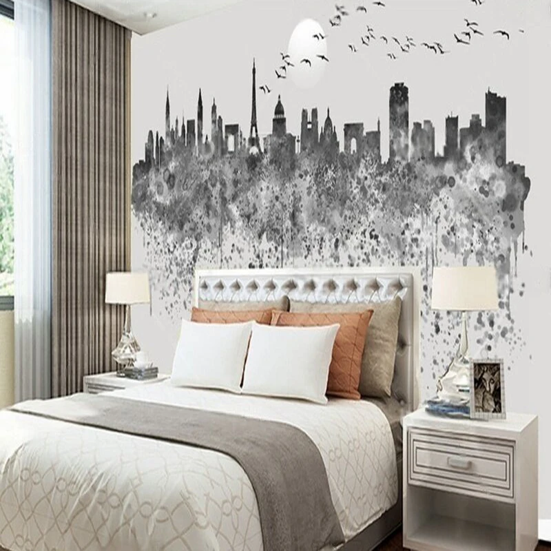 Modern and simple ink-wash urban living room TV luxurious home decoration background wall paper