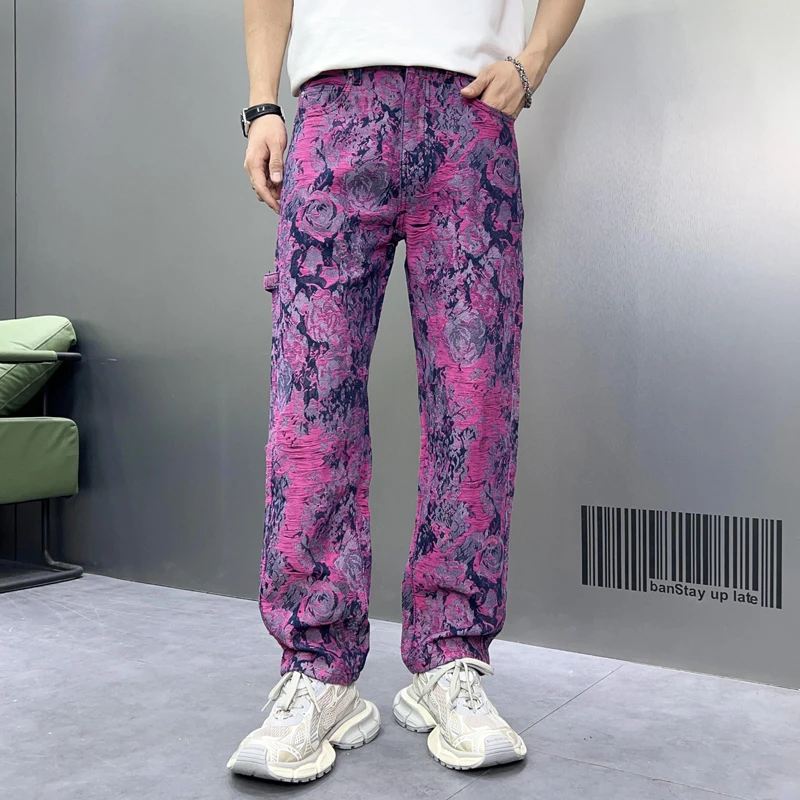 

Newest Design Purple Jeans For Men Printed Ripped Tassel Straight Fitting Denim Pants Full Length Trousers Male Streetwear