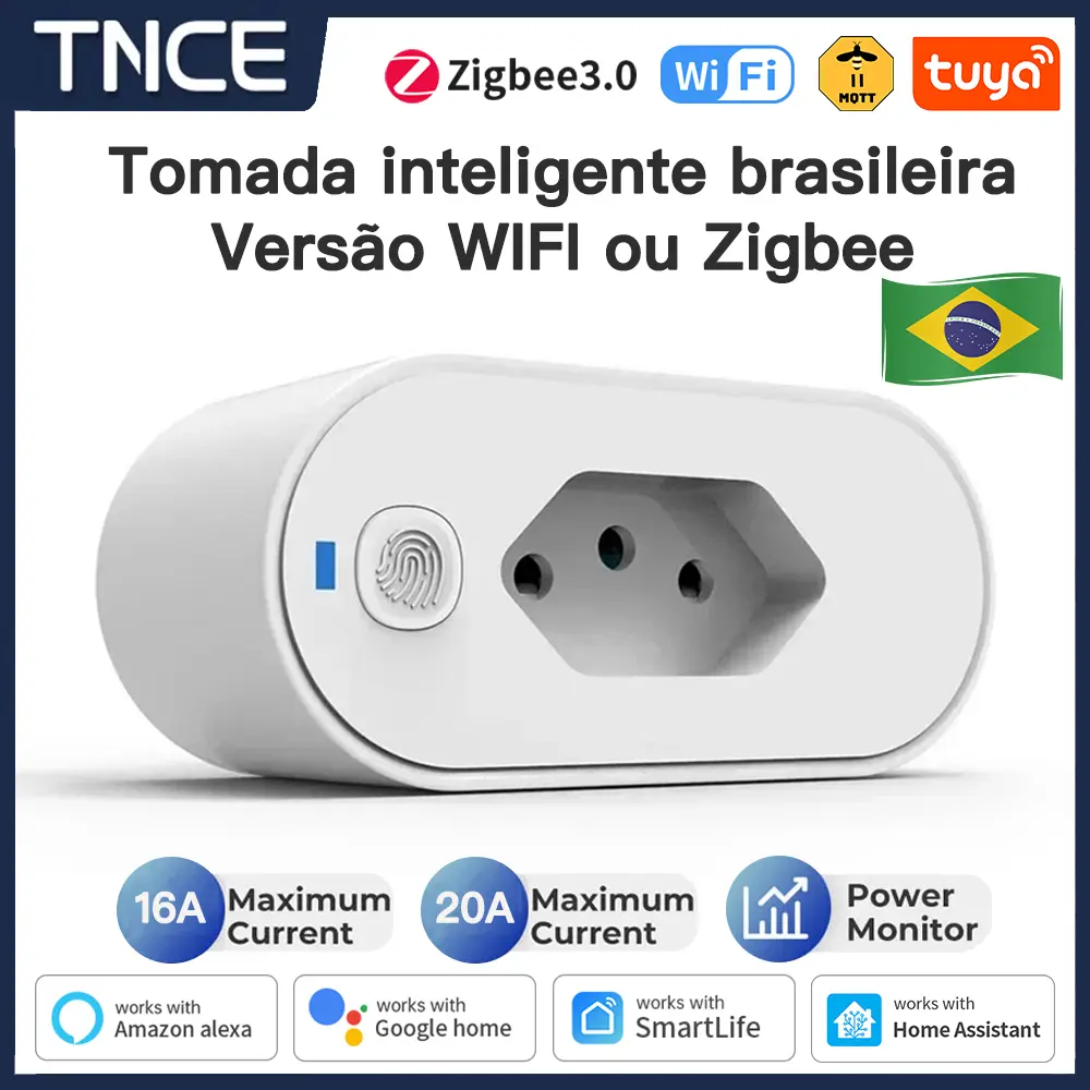 Adaptador TNCE Tuya Brasil Plug 16/20A, tomada WIFI ou zigbee 3.0 com monitor de energia, controle de tomada inteligente, voz Google Home Alexa