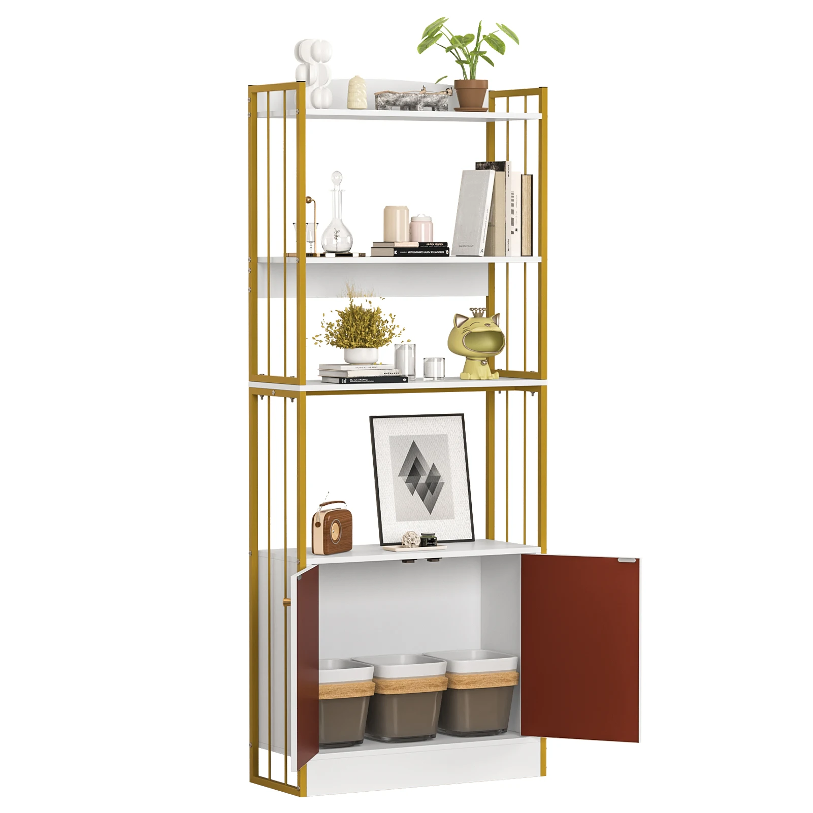 4-Tier Bookshelf with Doors, Tall Bookcase with Storage Cabinet, Freestanding Book Storage Stand, Multi-Layer Storage Reading Di