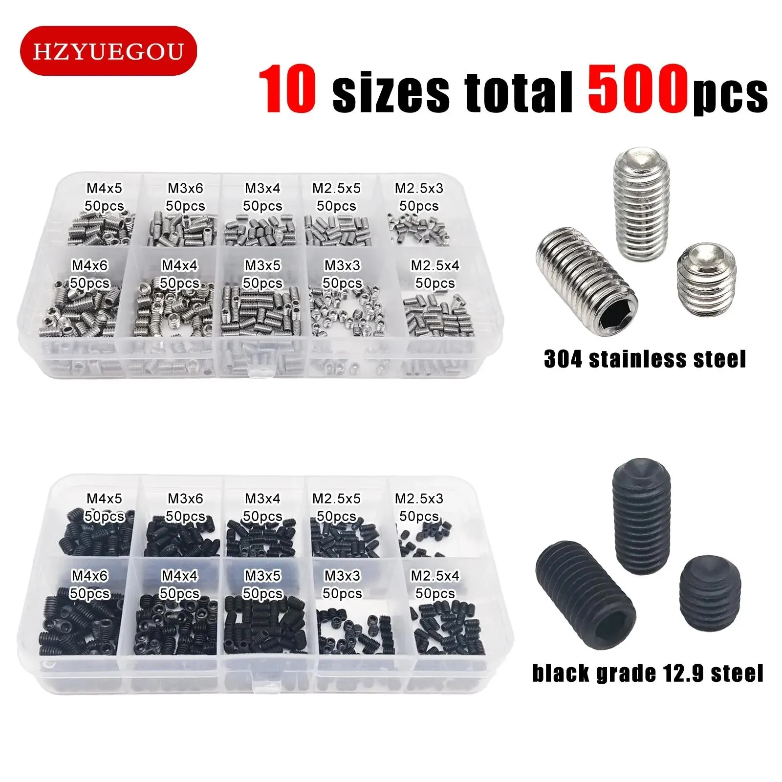 500pcs DIN916 Hex Hexagon Socket Allen Cup Point Set Screw Grub Bolt M2.5 M3 M4 304 A2 Stainless Steel Grade 12.9 Steel Kit Box