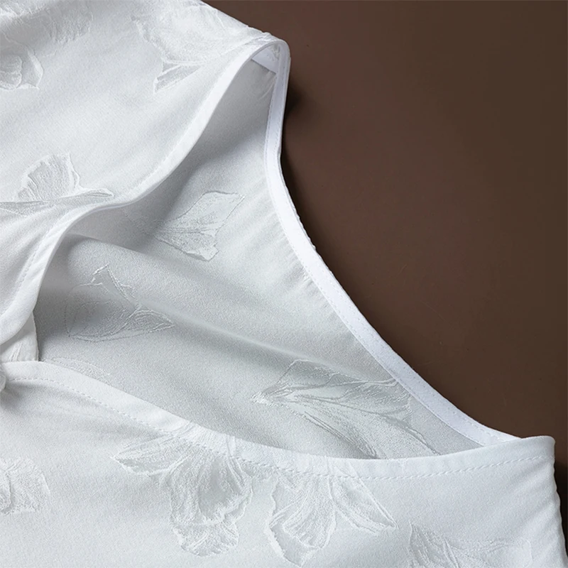 Damska jedwabna koszula 100% jedwab morwowy 20 momme biała żakardowa jedwabna bluzka z chińskimi guzikami, długi rękaw, do pracy biurowej M1453