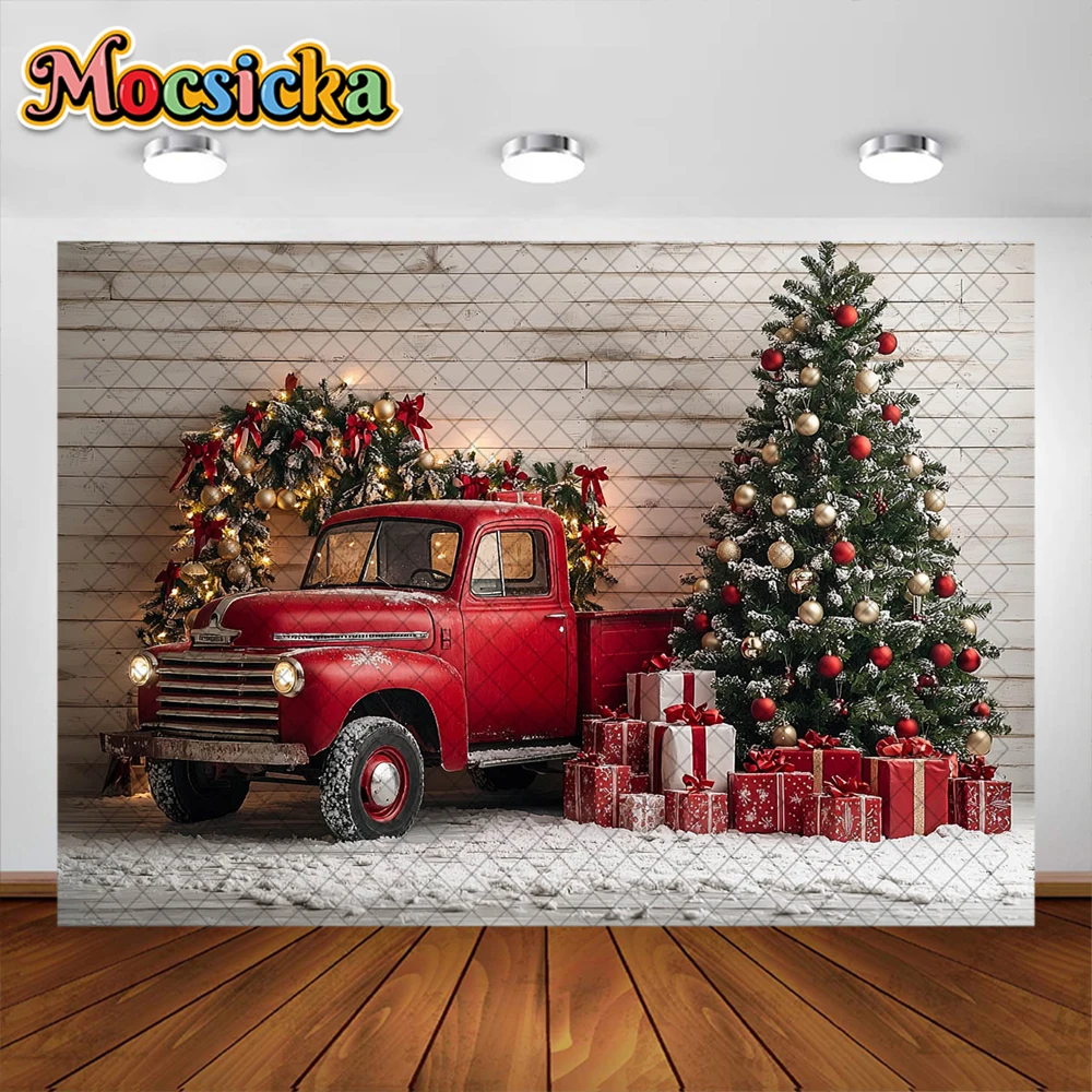 Fondo de fotografía de camión rojo de Navidad, regalos de árbol de Navidad, tablero de madera, decoración de pared, retrato familiar, accesorios de estudio fotográfico