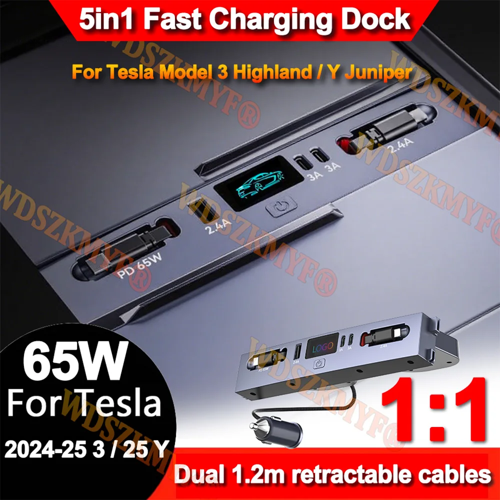 

65W Quick Charger For Tesla Model 3 Highland 2024/ Y Juniper 2025 USB Shunt Docking Station Car Adapter Powered Splitter
