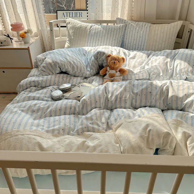 

INS Nordic Princess Bedding - Striped Washed Cotton Set (Duvet Cover + Pillowcase & Sheet, Twin/Queen Size)