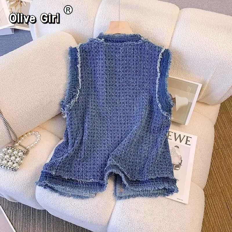 Women's Vest Top Spring 2026 Autumn New Flow Sleeveless Tank Top Coat Fragrant Fur Edge Denim Vest Girl Waistcoat