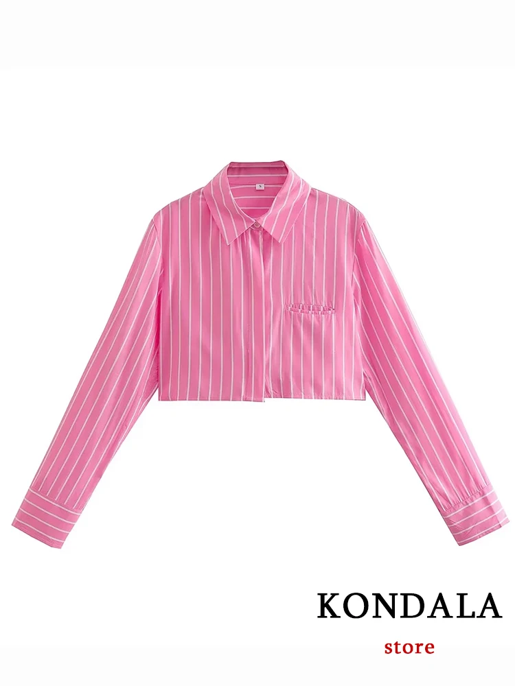 KONDALA Chic Streetwear Vintage Striped Women Shirts Fashion 2022 Streetwear Sexy Short Blouse Y2K Casual All Match Autumn Tops