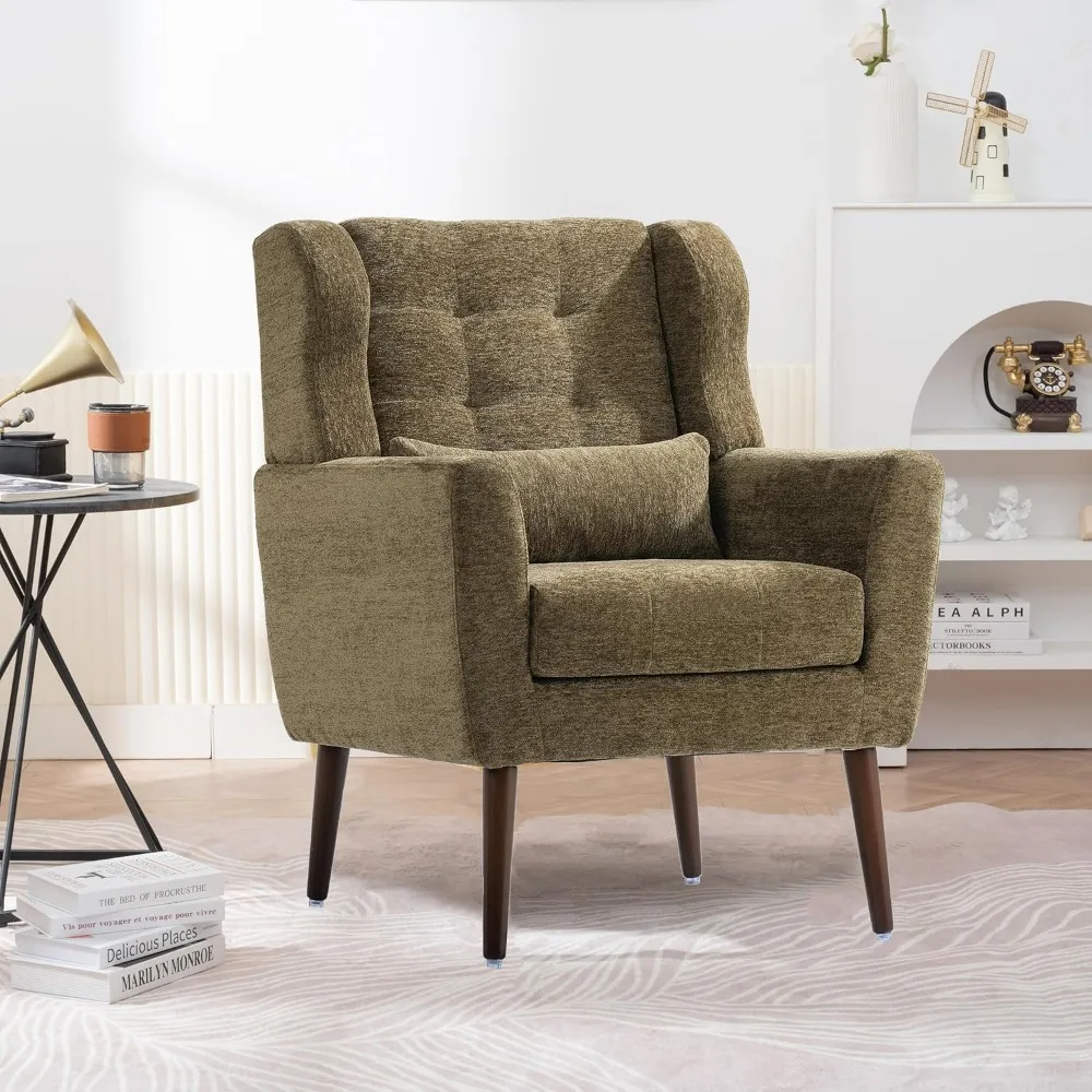 

Accent Chair, Comfy Upholstered Living Room Chairs with High Tufted Backrest and Pillow, Wingback Reading Chair