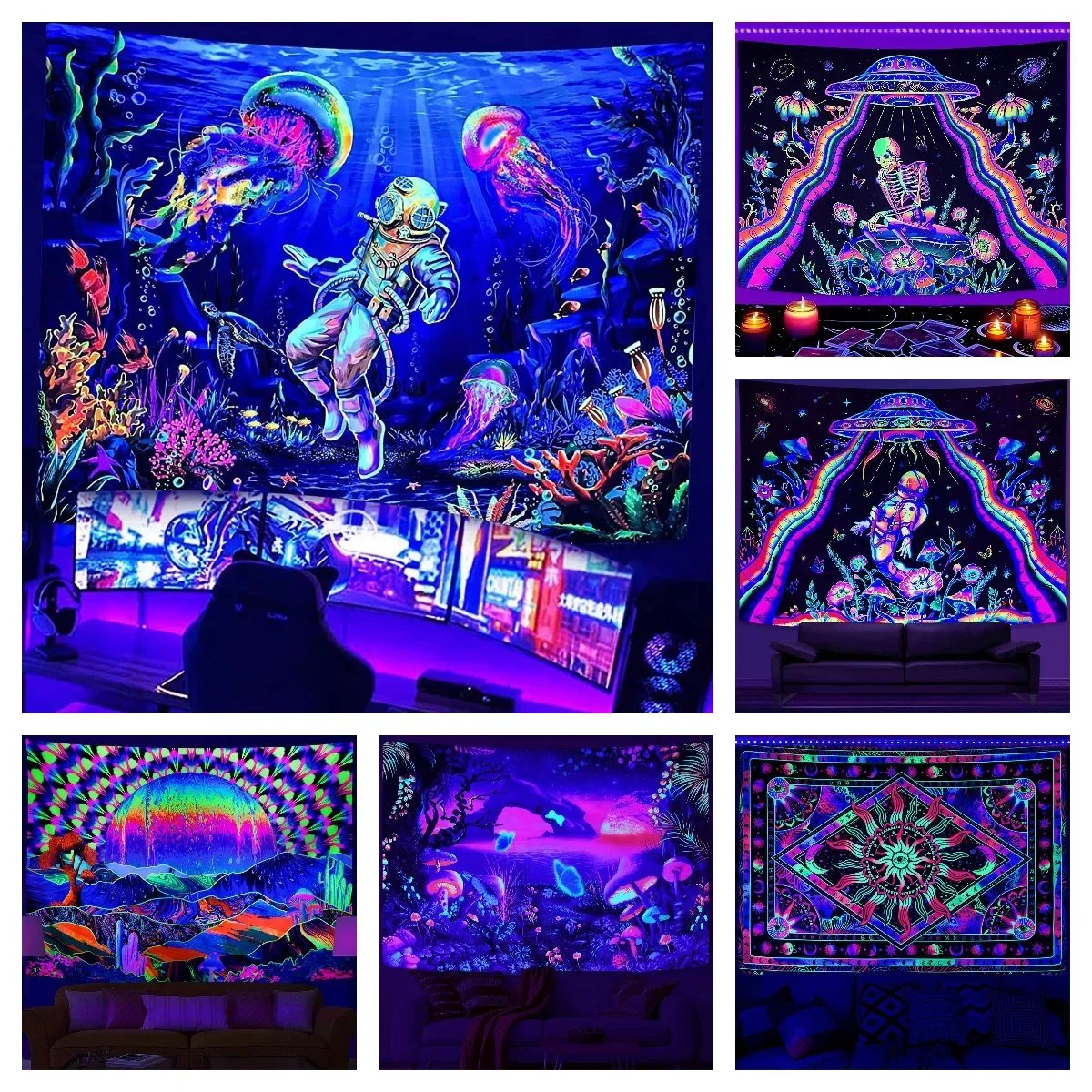UV Fluorescent Tapestry Blacklight Under The Sea Tapestry Hippie Bedroom Gothic Home Decor Aesthetic Room Decoration Boho Decor