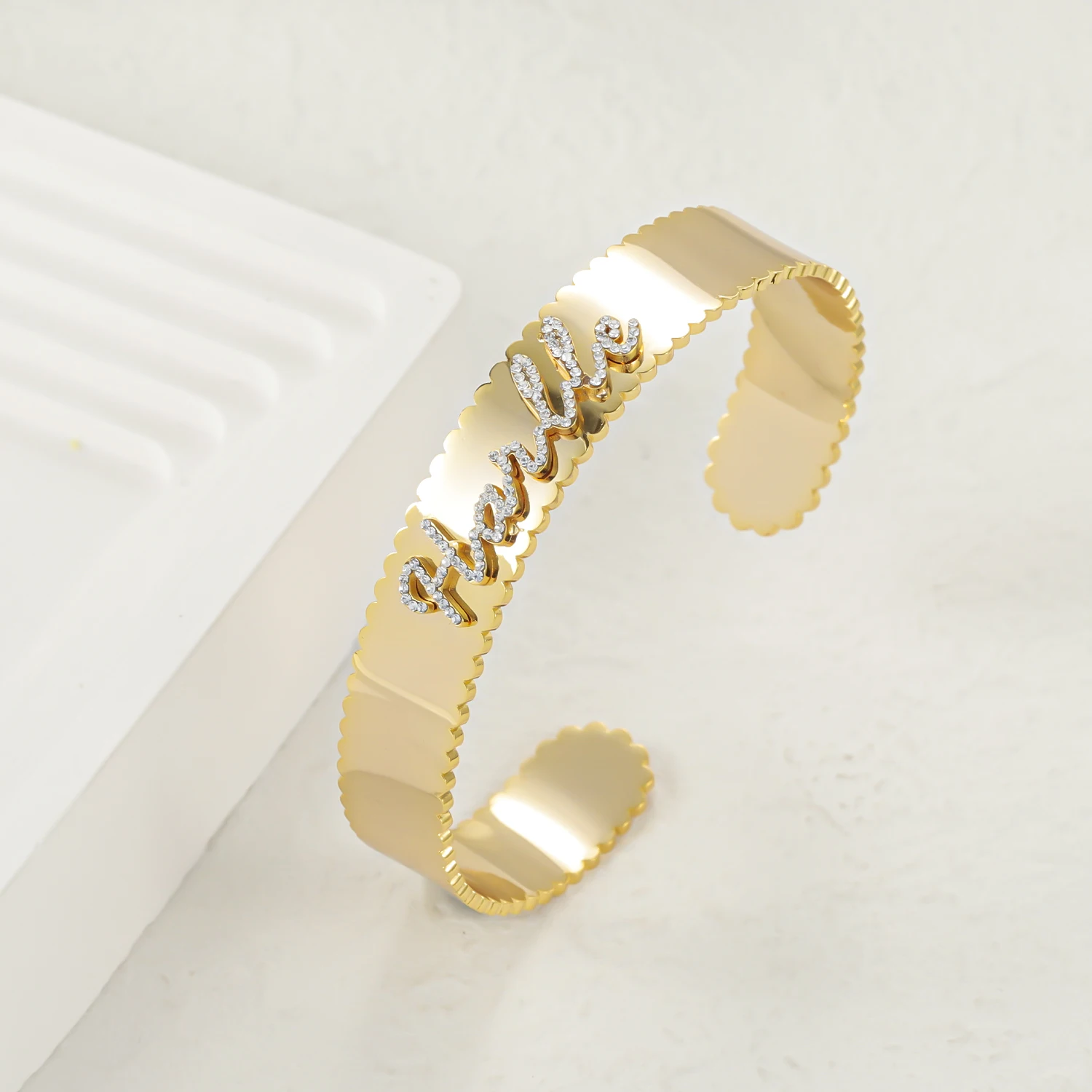 

Personalized Cuff Bangles For Women Wave Edge Bracelet Custom Diamond Name Bracelet Open Stainless steel Luxury Gift For Her