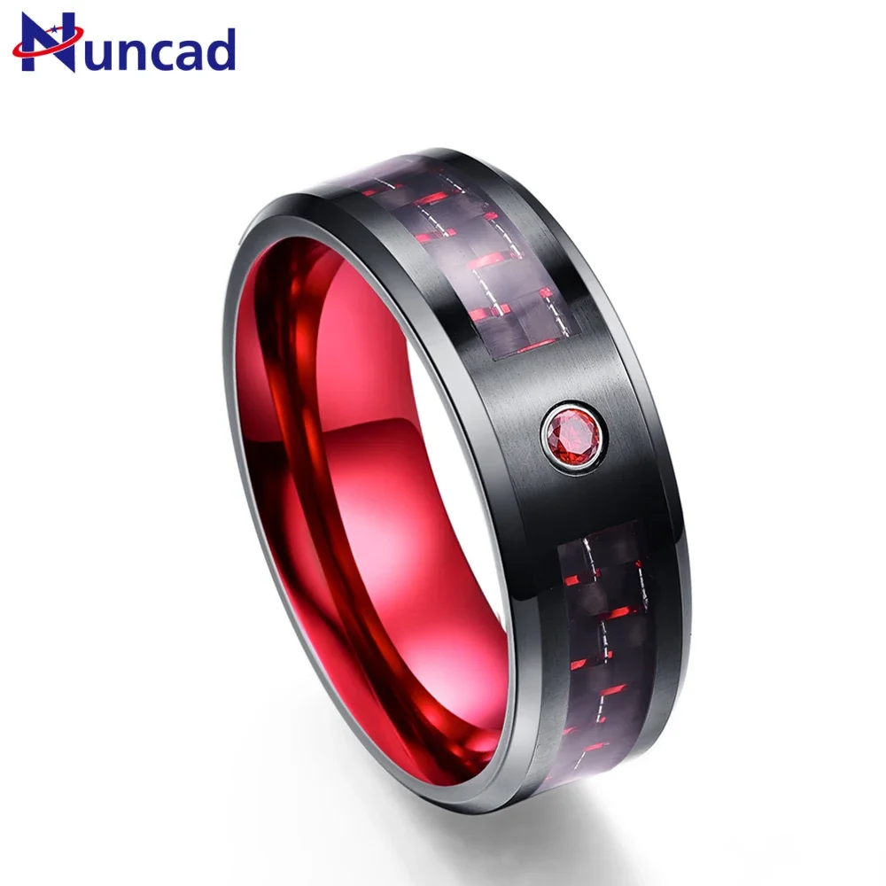 Nuncad Black 8MM Wide 3.0MM Thick Tungsten Steel Ring with Inlaid Red Carbon Fiber for Wedding Gift Size 7-12