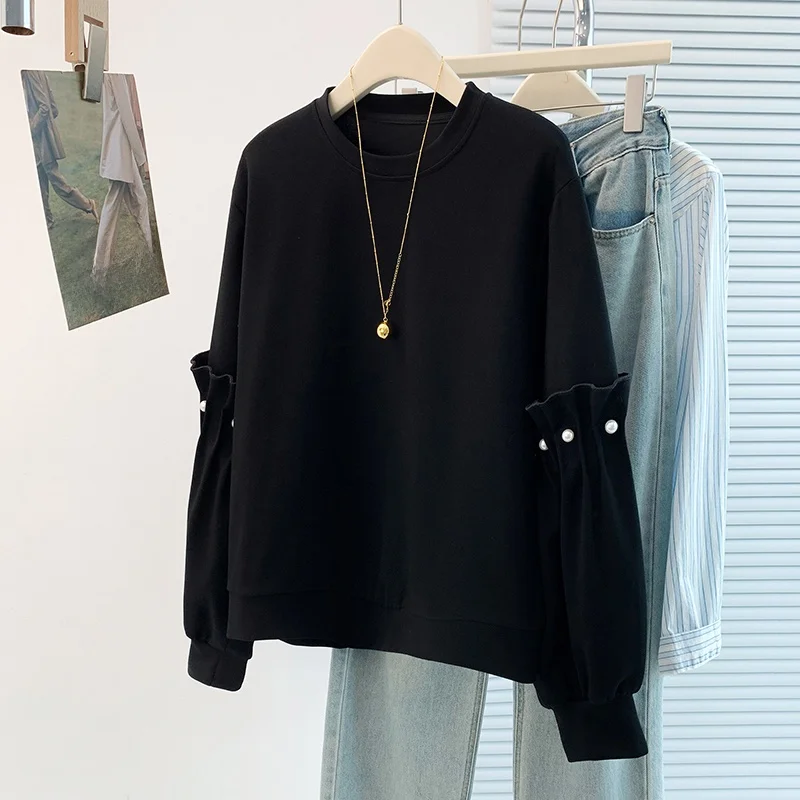 

Свободная повседневная толстовка с жемчужными пуговицами и рукавами-фонариками, женская, осенне-зимняя, новый корейский дизайн, универсальная, антивозрастная