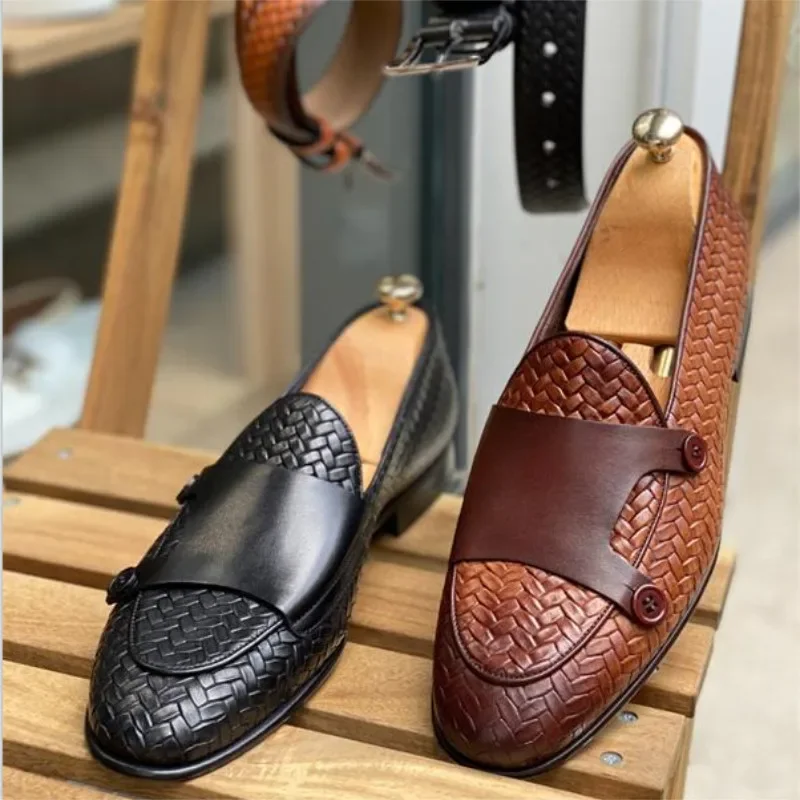 Loafers Men Shoes Pu Leather Black Brown Classic Casual Wedding Party Daily Woven Pattern Double Button Fashion Dress Shoes