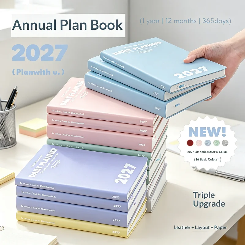 Planwith 2027 A5 Soft PU Cover Notebook Daily Week Month Planner Kawaii Annual Efficiency Tracking Aesthetic Stationery