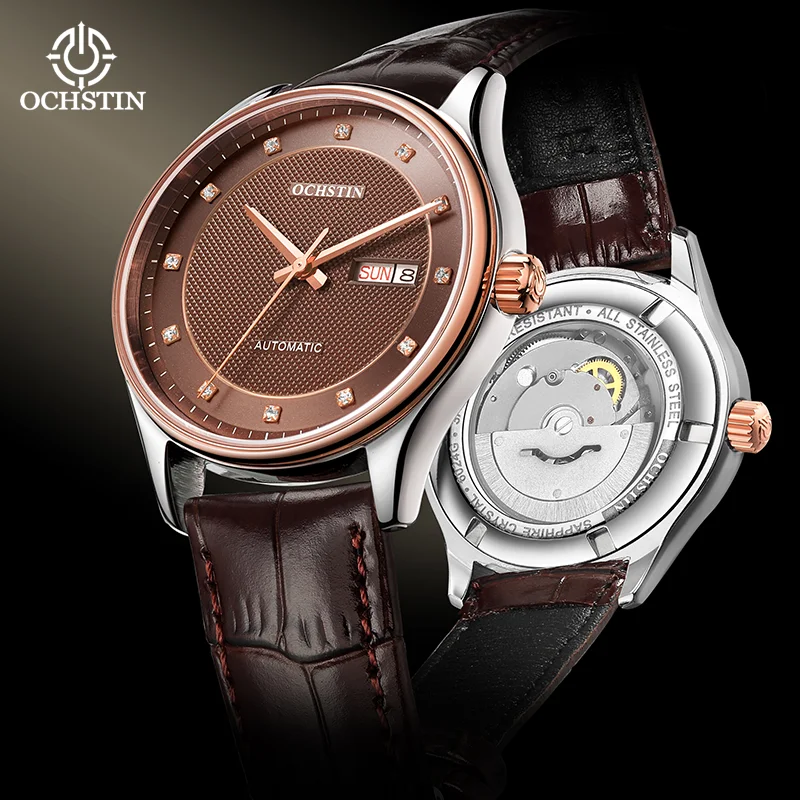 OCHSTIN Male Business Casual Mechanical Wristwatch Comfortable Genuine Leather Strap Waterproof Automatic Gifts Men Watch