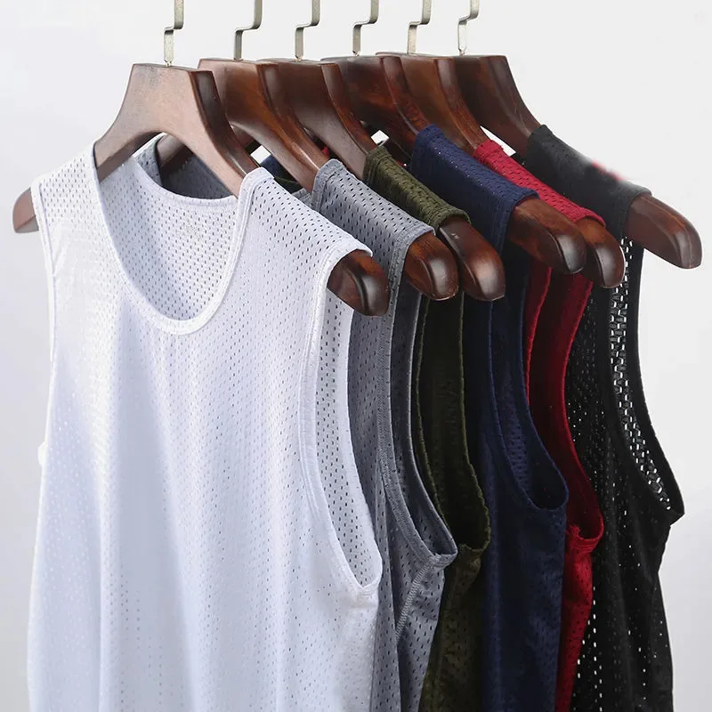 Hot Sale! Summer Ice Silk T-shirts For Men Mesh Quick Drying Man Sleeveless Shirt Tank Top Gym Clothes Bodybuilding Fitness wear