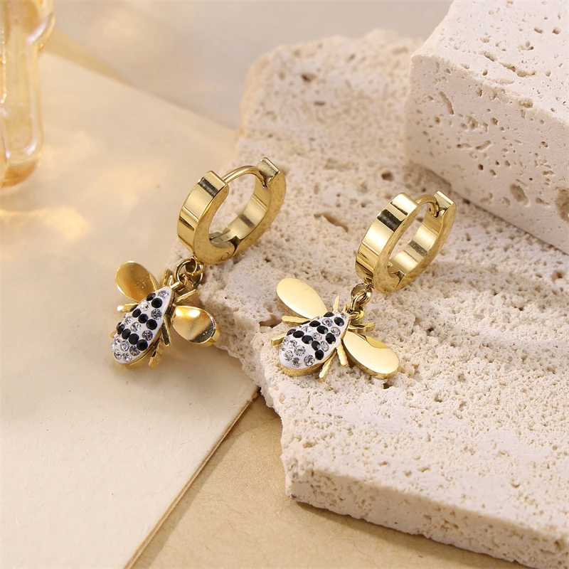 Cubic Zirconia Little Bee Stainless Steel Earrings For Women Girls Fashion Party Wedding Drop Earrings Simple Fashion Jewelry