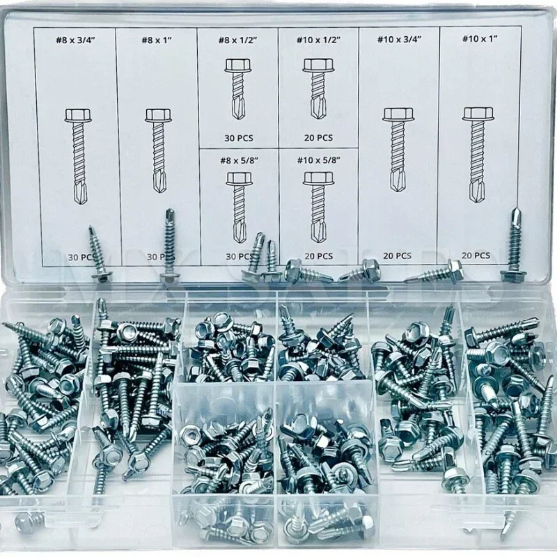 190pcs Hexagonal Self Drilling Screws Set M4.2 M4.8 Carbon Steel Screw Assortment Kit Hardware Accessories Tools for Mentalwork