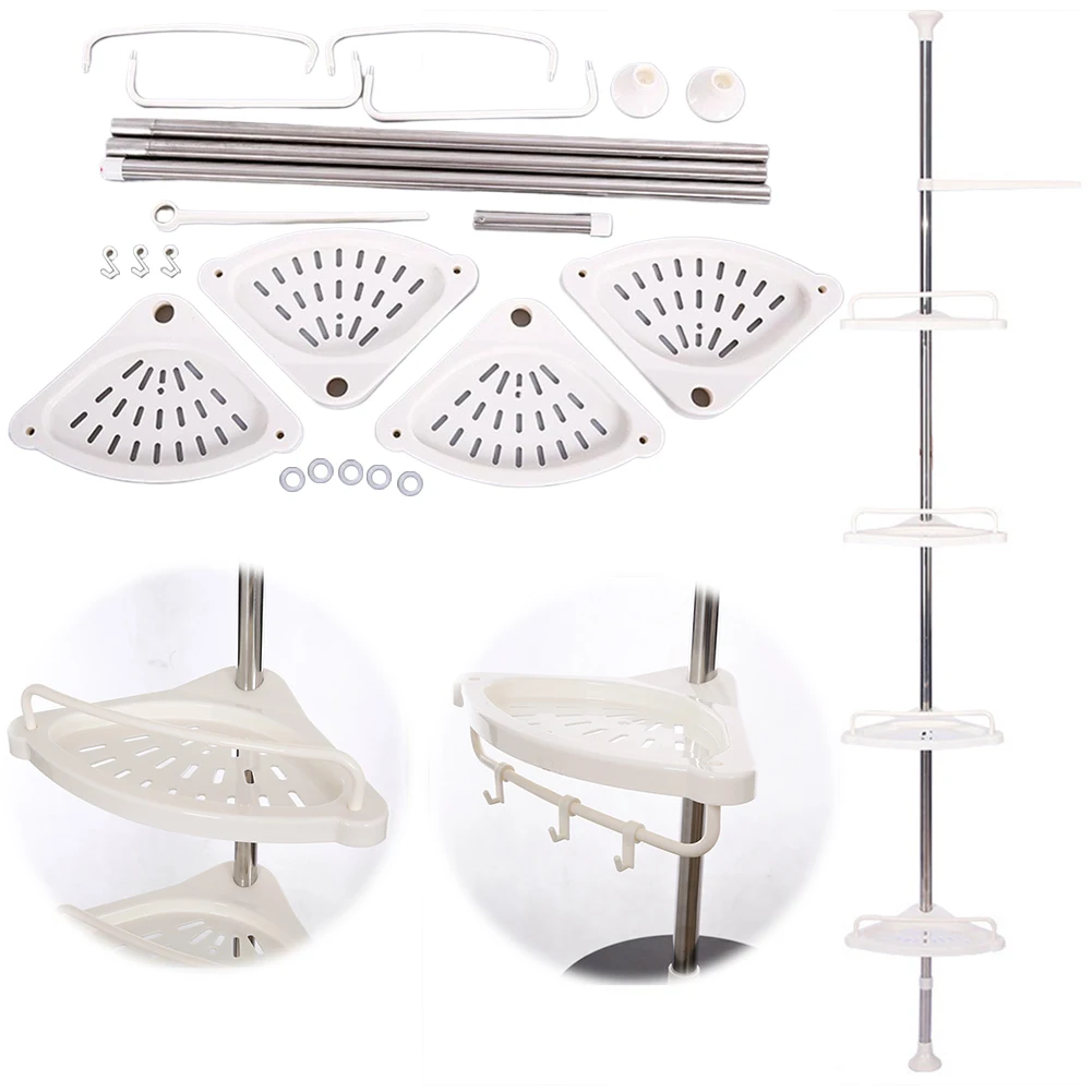 Telescopic Corner Shelf Stainless Steel Frame Storage Basket Adjustable 4 Trays Shower Caddy Organizer Shelf Shower Corner Stand