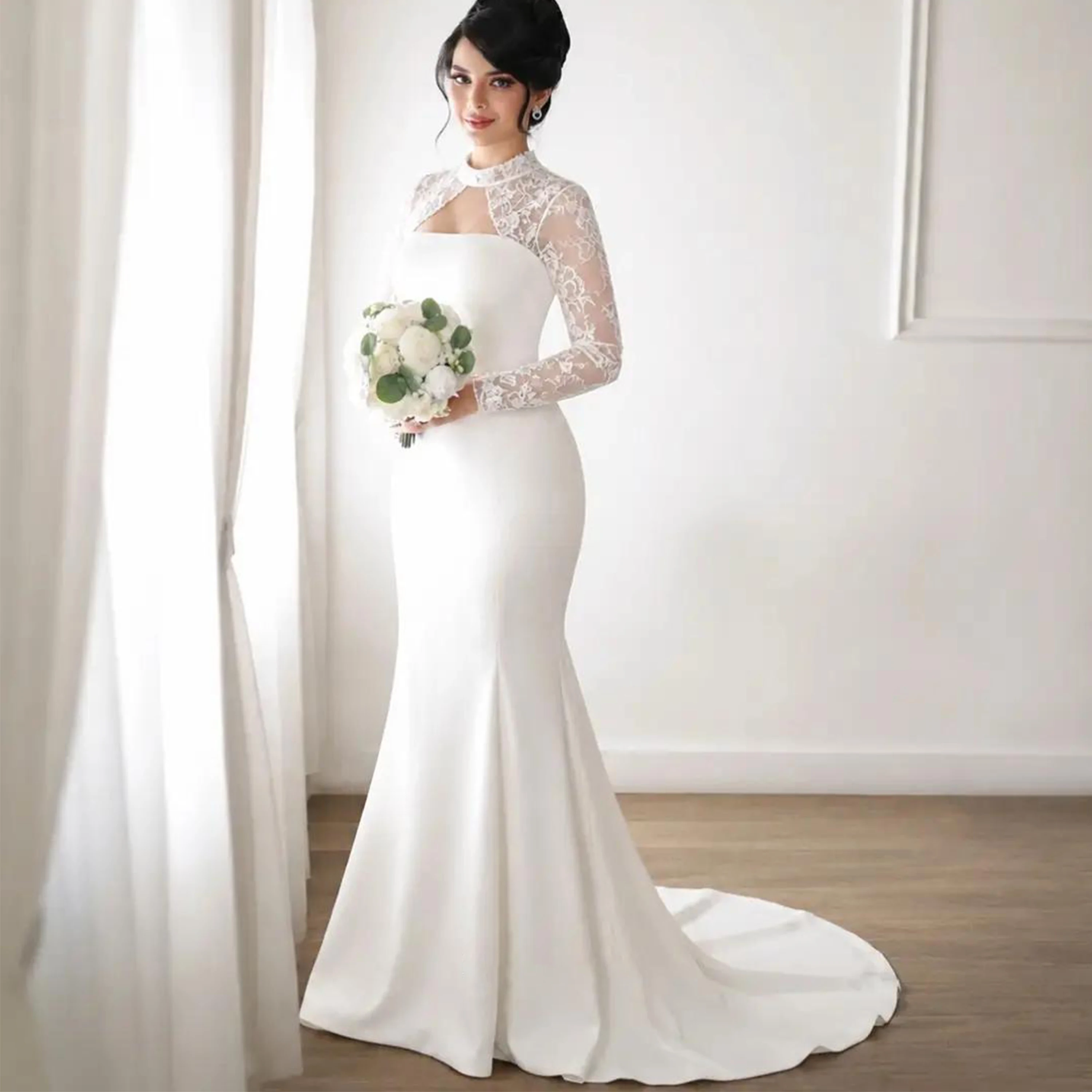 High Neck Keyhole Mermaid Wedding Dresses Long Sleeves Satin Bridal Gown Elegant Fit Plus Size For Bridal Ceremony Customized