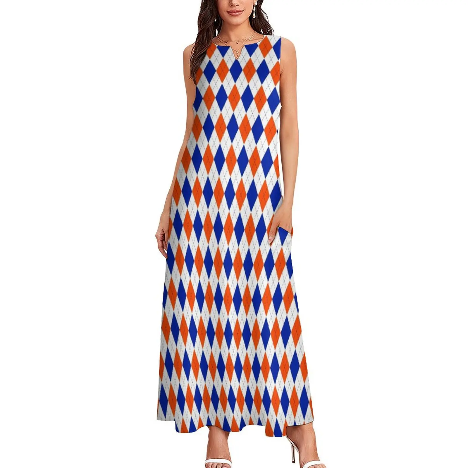 Orange and Blue Traditional Argyle All Over Print Long Dress dress korean style Women