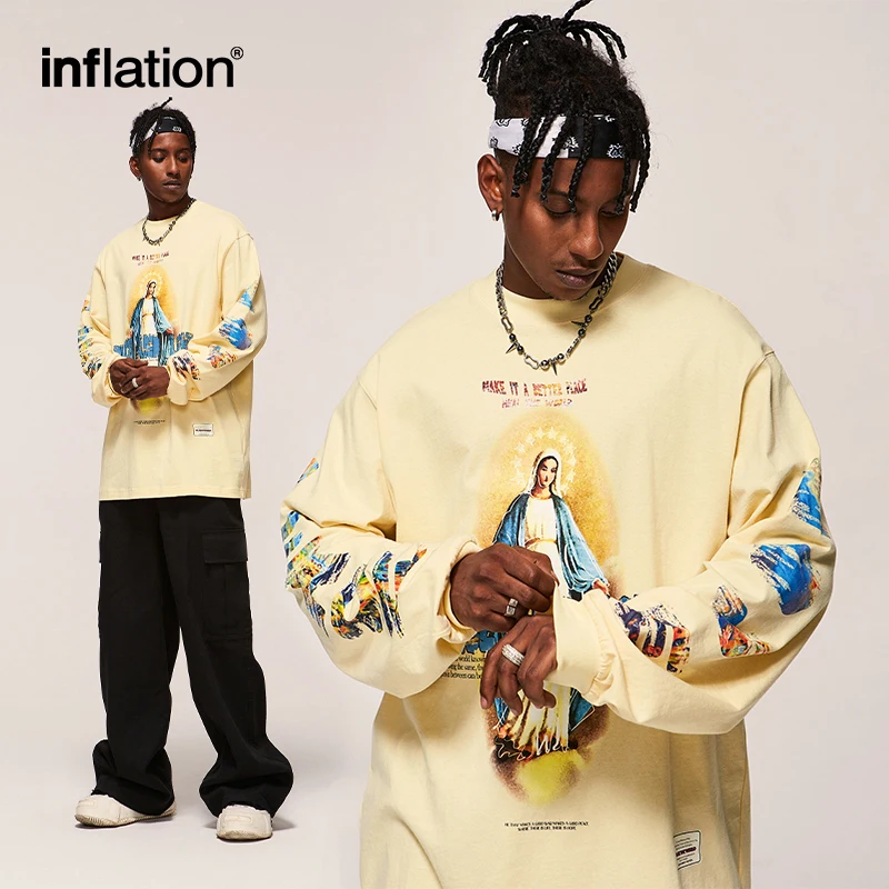 INFLATION Streetwear Oversize T-shirts Men Spring Long Sleeve Tees Unisex High Street Graphic Tops Plus Size 2473S23