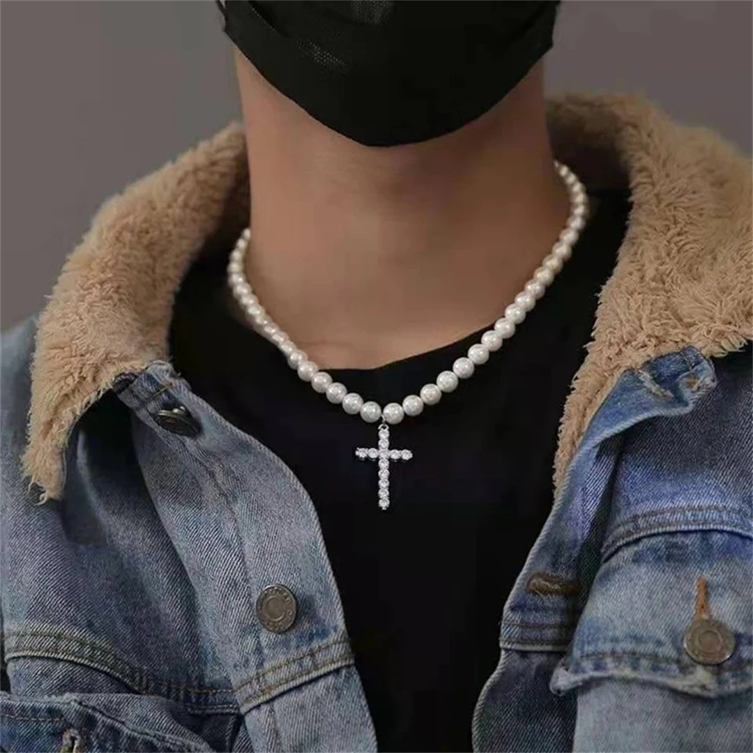 European and American Fashion Artificial Pearl Cross Necklace Trend Hip Hop Pendant Retro Clavicle Chain Man Couple Pendant Gift