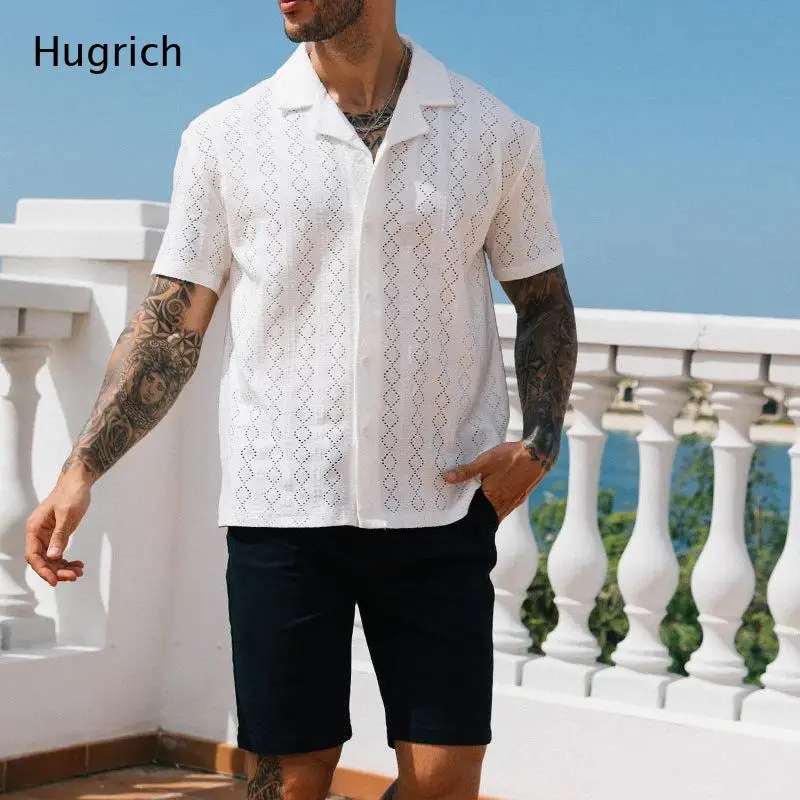 Men's Solid Color Openwork Knit Shirt - Breathable Eyelet Crochet Lapel Collar Summer Resort Wear Blouse