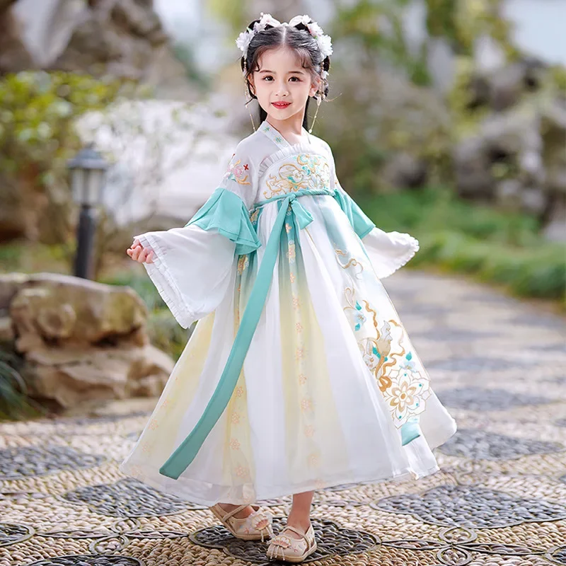 

YF52 Hanfu для девочек, детский костюм Тан, весенне-осенний древний костюм, древнее супер сказочное платье, летнее платье