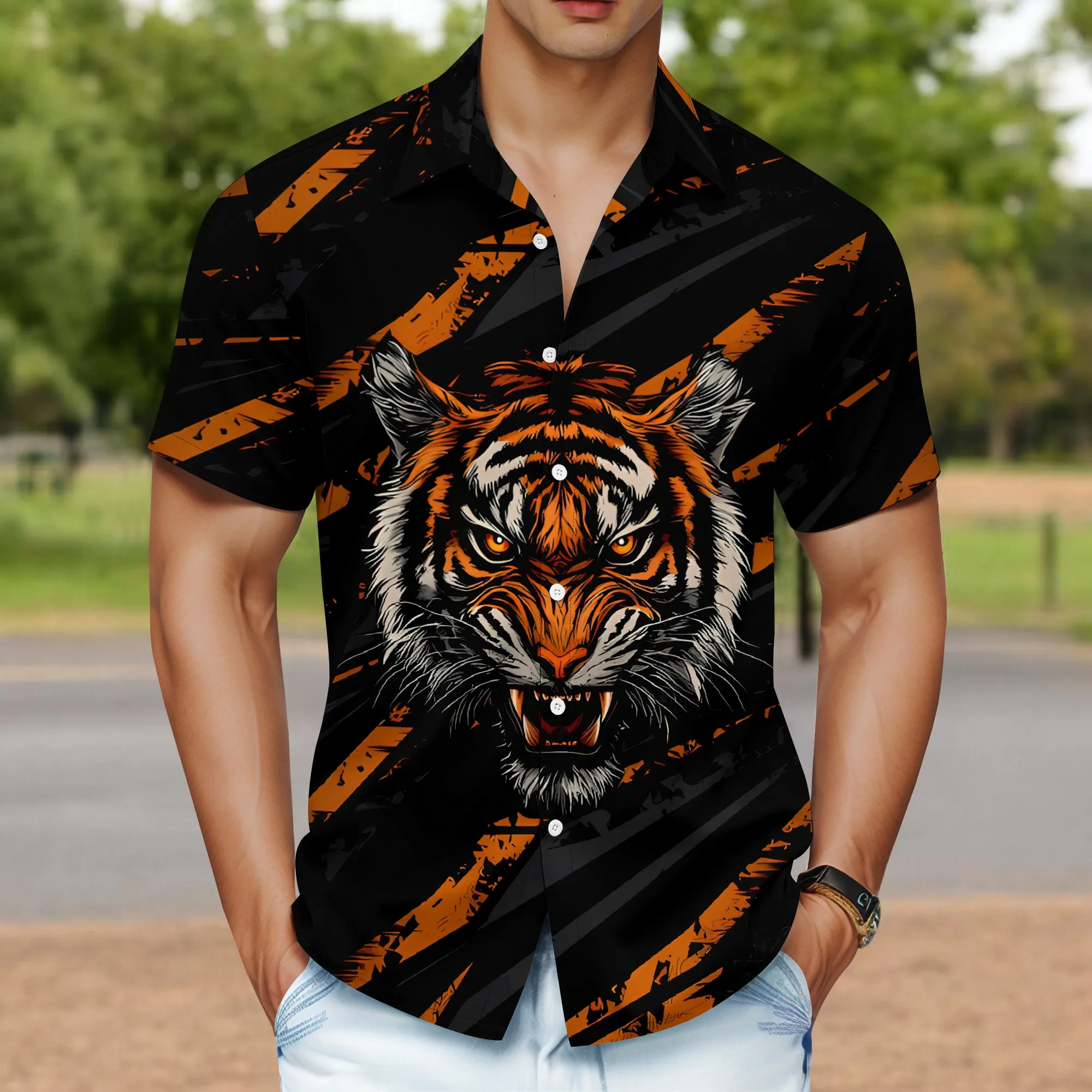 

YEAE Men's Tiger Head Print Shirt Short Sleeve Regular Size