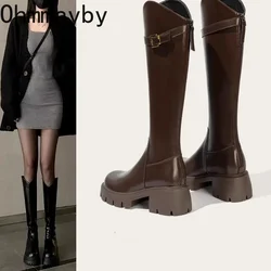 Fur Lining Women Knee High Boots Fashion Knight Long Booties Square High Heels Autumn Winter Warm Short Plush Shoes