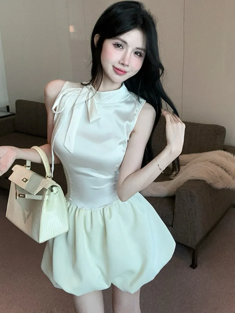 

Fashionable Knot Belted Pure Desire Sweet Short Skirt Elegant Slimming Puffy Dress Korean Style Commute Dress