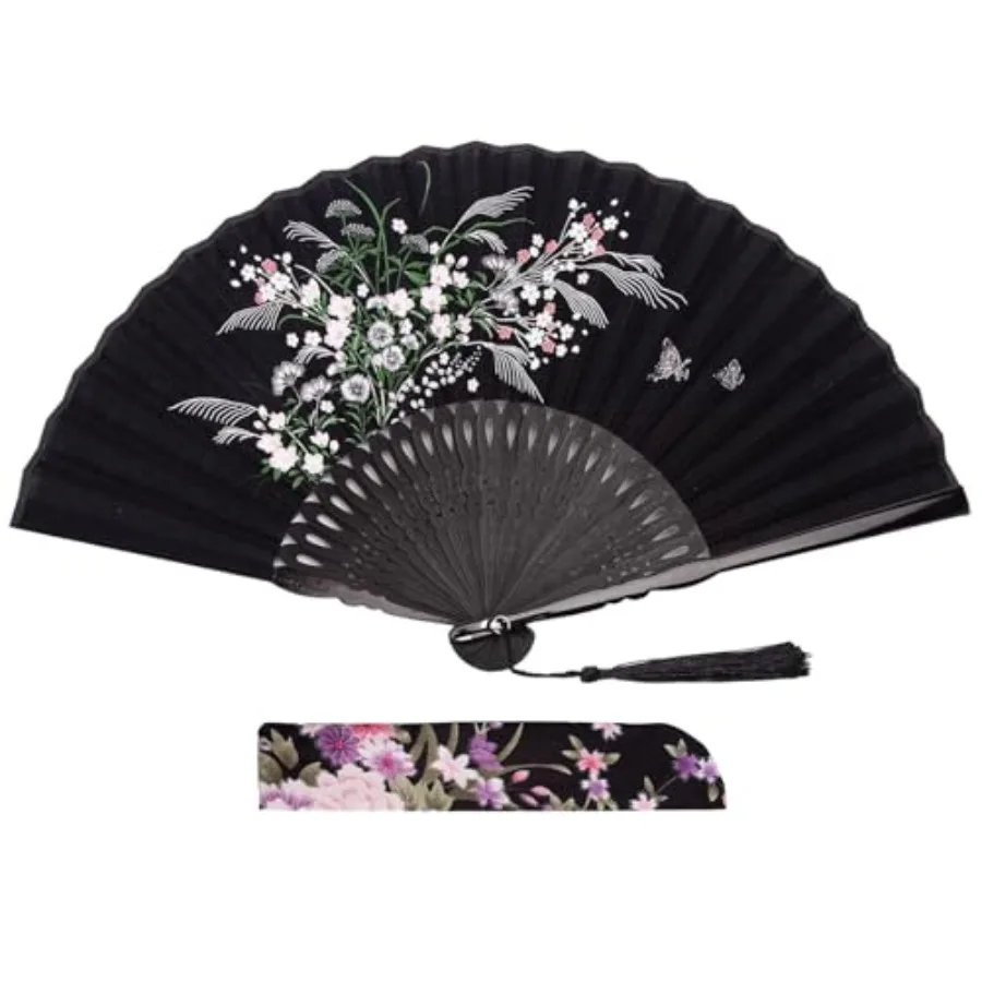 Fabric Folding Hand Fan with Tassel and Pouch Elegant Foldable Handheld Fan for Women, Wedding Fans for Guests, Chinese and Jap