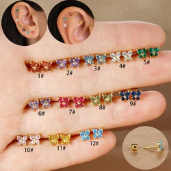 2PCS Butterfly CZ Zircon Minimal Piercing Earrings Tiny Stainless Steel Helix Tragus Cartilage Stud Earring Hot Jewelry aretes