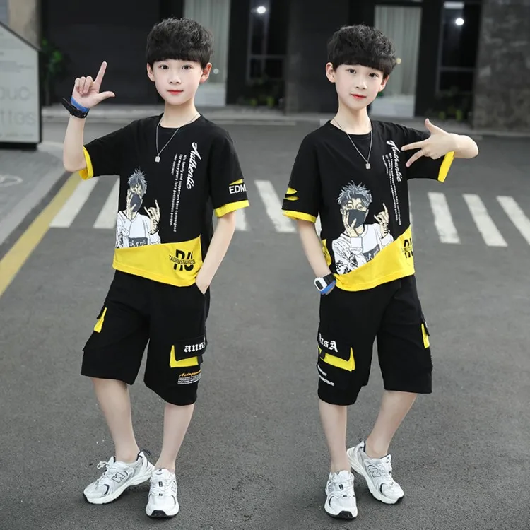 2024 teens Summer Child Clothes Baby teen Boys hip hop portrait loose T-Shirt & Shorts pocket pants 6 8 10 12 14 years