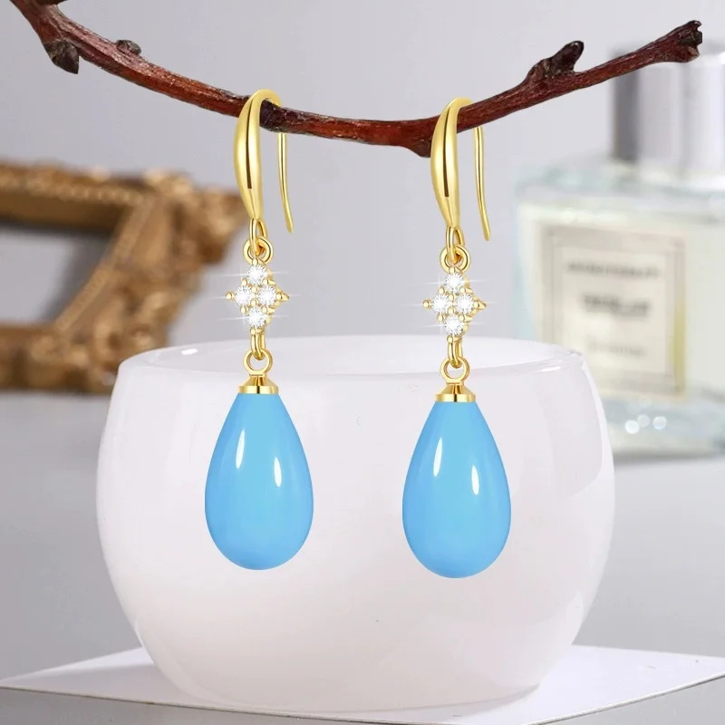 Neue Modische Jade-Ohrringe für Frauen, Tropfenförmige Weiche Jade-Ohrringe, Blaue Wassertropfen-Schmuckstücke, Vierblättriger Klee Edelstein-Schmuck – Detail 4