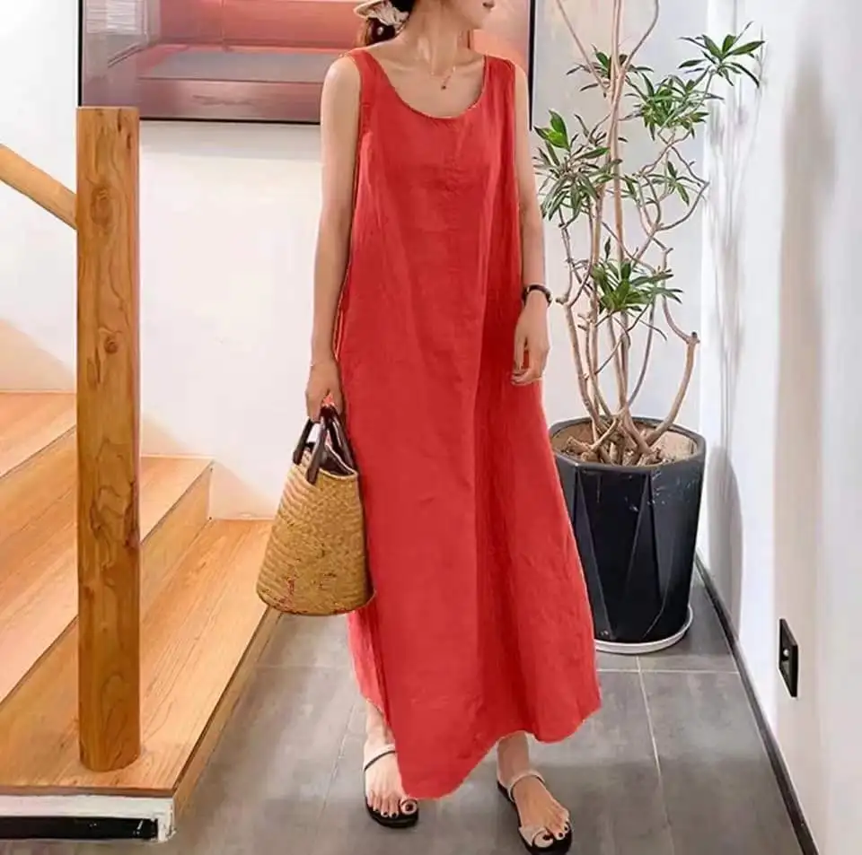 Mode Baumwolle Und Leinen Einfache Ärmellose frauen Lange Kleid Sommer Casual Lose Tasche Oansatz Elegante frauen Urlaub Sommerkleid